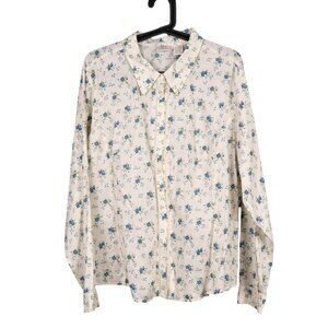 VTG Floral Button Up Shirt XL Womens Off White Blue Long Sleeve 90s Western Lace